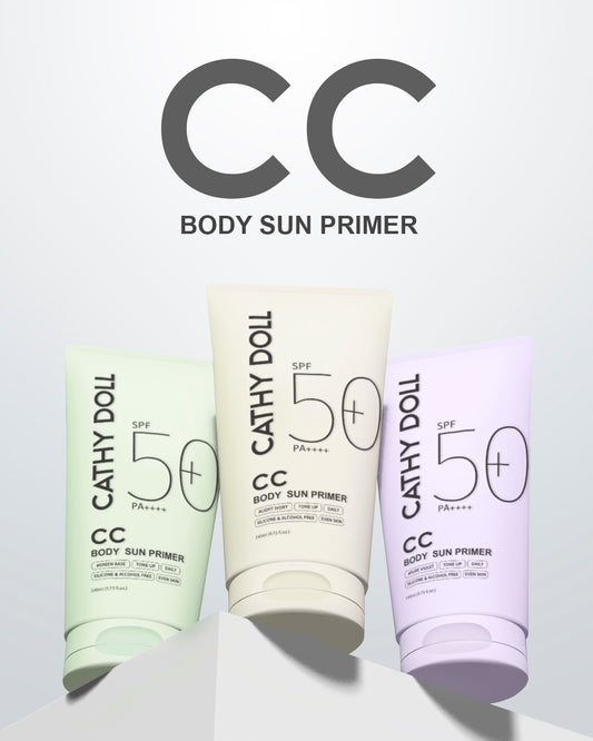 Three tubes of Cathy Doll CC Body Sun Primer in light green, off-white, and light purple, displayed on a white geometric pedestal with a large 'CC BODY SUN PRIMER' text overlay at the top.